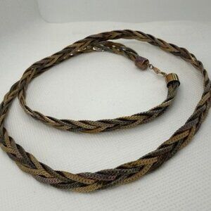 Vintage Braided Tricolor Necklace 28.5” Gold Silver Copper Tone Retro Style